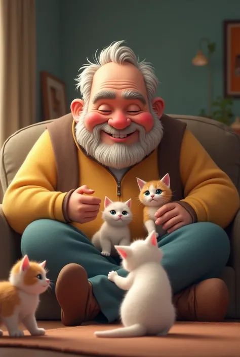 fat guy touching kittens