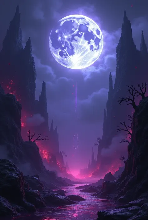 The Moon in a magical, mysterious and terrifying landscape with energy details where the colors red, blue and purple are present, especially purple. 
