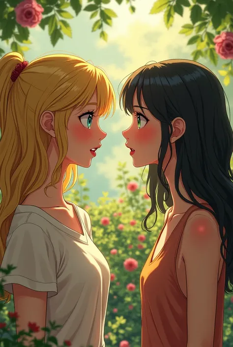 "The image shows two girls sitting together in a sunny garden, surrounded by colorful flowers and growing bushes. the blonde, with golden hair and blue eyes, has a soft and relaxed smile, while the black-haired girl, with green eyes, He has a thoughtful an...