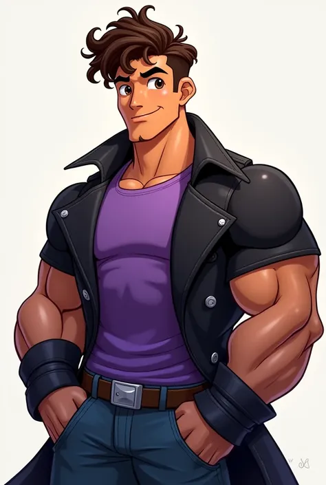 Animated Buff boy with curly brown hair and big brown eyes wearing a purple t shirt and black leather trench coat 