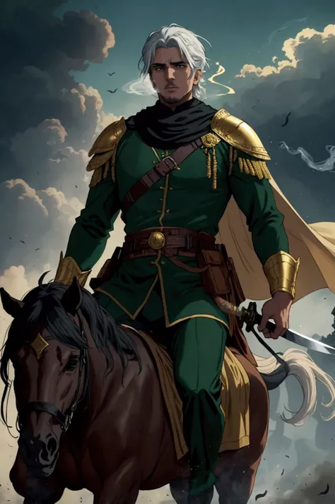 A beautiful and majestic man in green clothes riding on a beautiful and beautiful white horse with a light face and holding a sword and a green banner in his hands, fighting against the vile and ugly people in black clothes. Around them is a chaotic scene ...