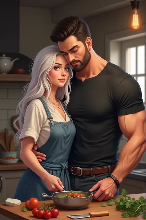 A couple in the kitchen cooking, the woman has white hair and violet eyes, the man is very strong, he wears a black shirt and a belt around his waist and has strong arms