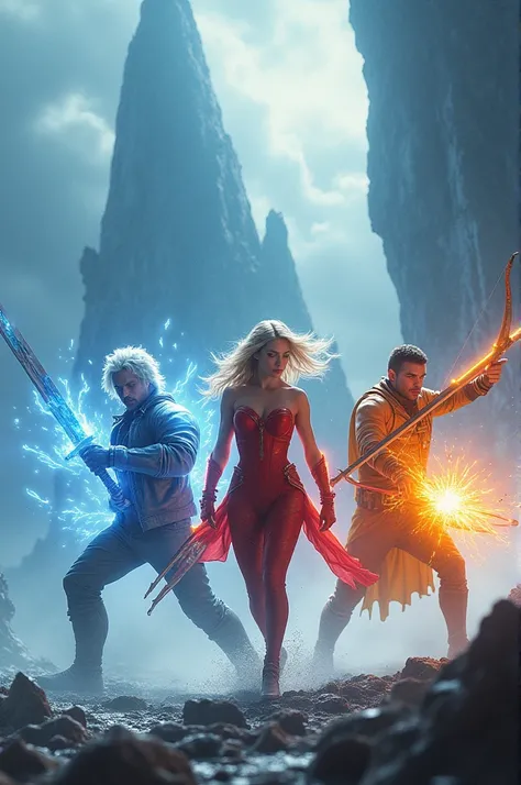 Create an image: Lucas till with ice powers and white hair, Kristine froseth blonde and with sun powers, madelaine petsch wearing a red outfit with a bow and arrow, Joe keery holding a sword