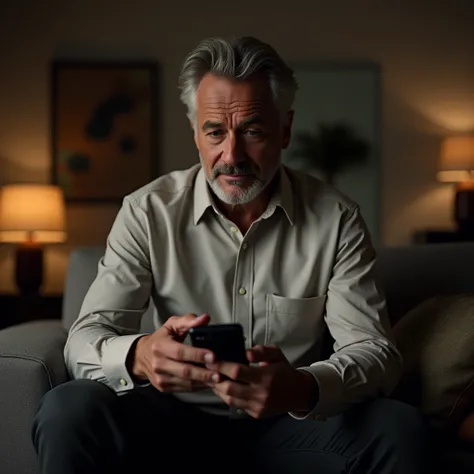 Generate the image of a handsome man in his late fifties, dressed casually at home. He should be described as someone who looks at his phone with a secretive attitude.