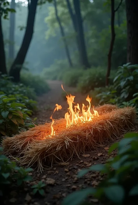 creates an image of hay on fire in a forest in the form of a strip lying down padding: 30px;
