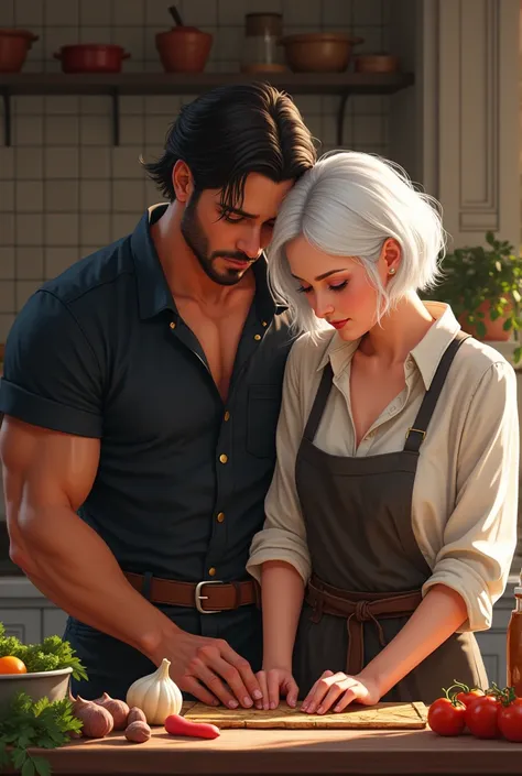 A couple in the kitchen cooking, the woman has very short white hair and violet eyes, the man is very strong, he wears a black shirt and a belt around his waist and has strong arms