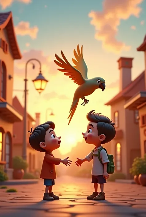  3d cartoon  images 
The parrot, mid-flight, turns back towards the boy. The boy is surprised, standing with arms slightly outstretched. The background shows the village in the distance, with smoke rising from chimneys, and the sky is filled with the color...