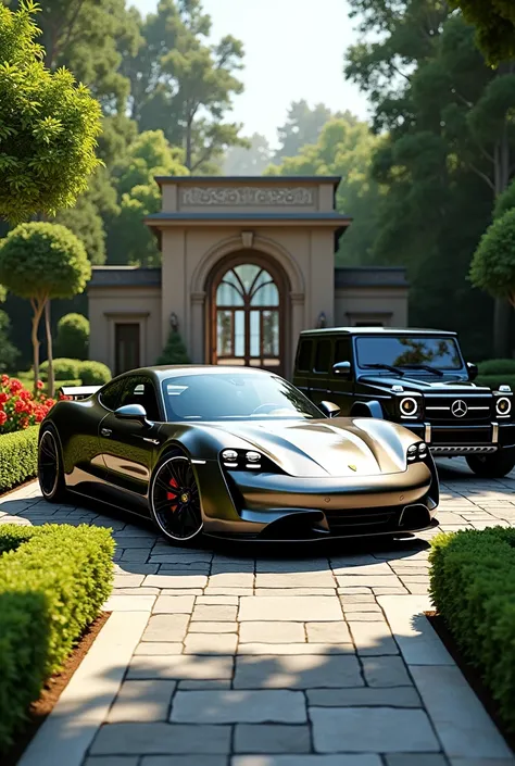 A beautiful porche and g wagon
in a garden realistic 