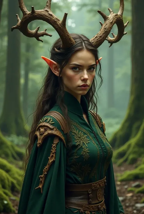 Elf girl druid ,that it be serious and with wooden horns they resemble branches,that he has a dark green suit with more wooden features 