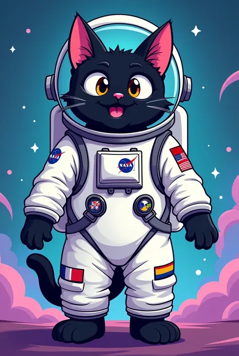 Create a Cartoon-style image of a black cat dressed as an astronaut 