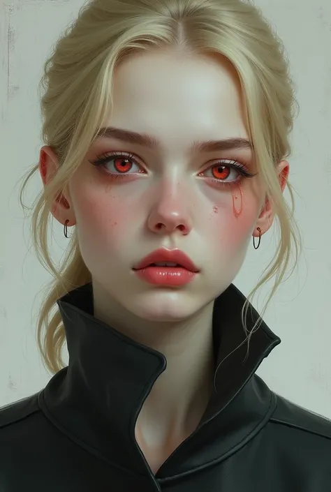 Draw a picture of a blonde woman with her hair tied up, with an empty look without feelings, with pale skin, reddish lips and simple but attractive features, with red eyes and a paler face