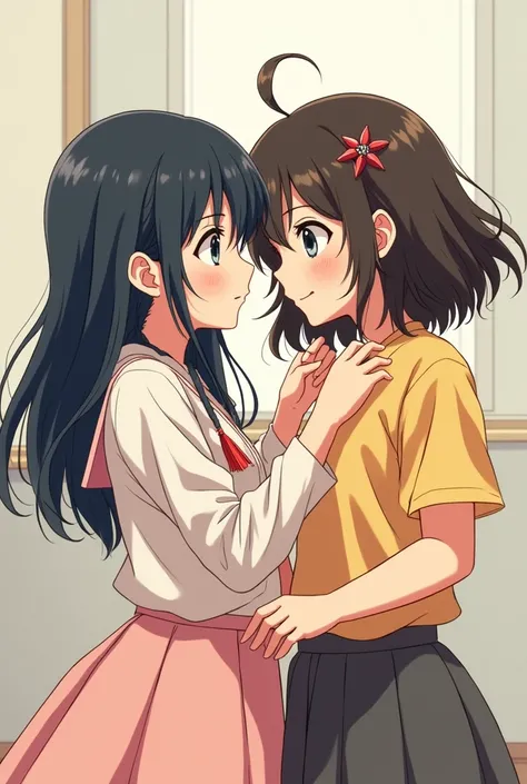 Anime style cover of two young teenage girls, one with pale skin, The other brunette, both with dark hair and black eyes 