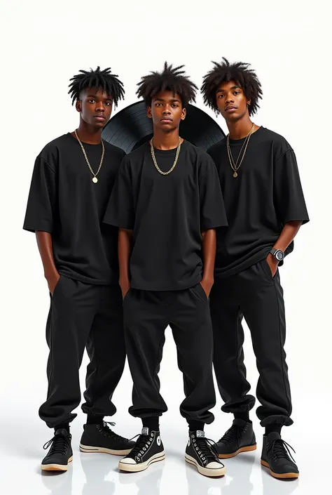 a drawing of 3 dark-skinned boys in skater style clothes , without the skateboard , in a formation with a loose posture wearing black clothes , imagem sem fundo (white background) , and a vinyl record behind
