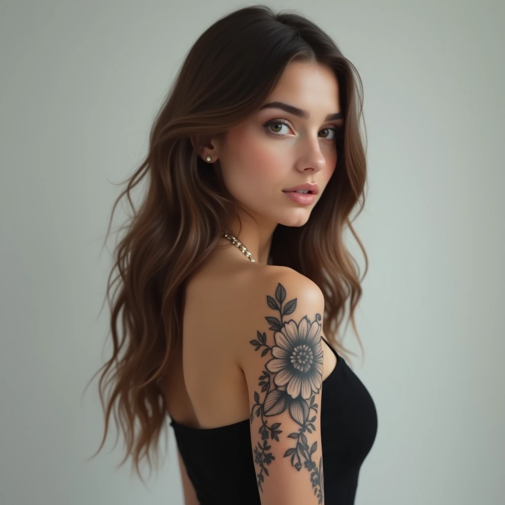 A woman with a medium complexion, likely in her late teens to mid-twenties, stands with her back to the camera. Her long, light brown hair cascades down her back, styled straight and loose with a center parting. Her black, strapless top reveals her back an...