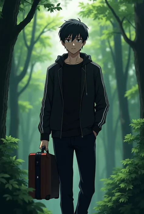 Young character  anime man with black hair and black eyes serious with black clothes with white stripes in a forest with a suitcase full body
