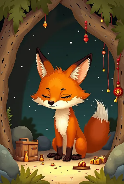 A picture book-like illustration of a fox feeling regretful in his den.