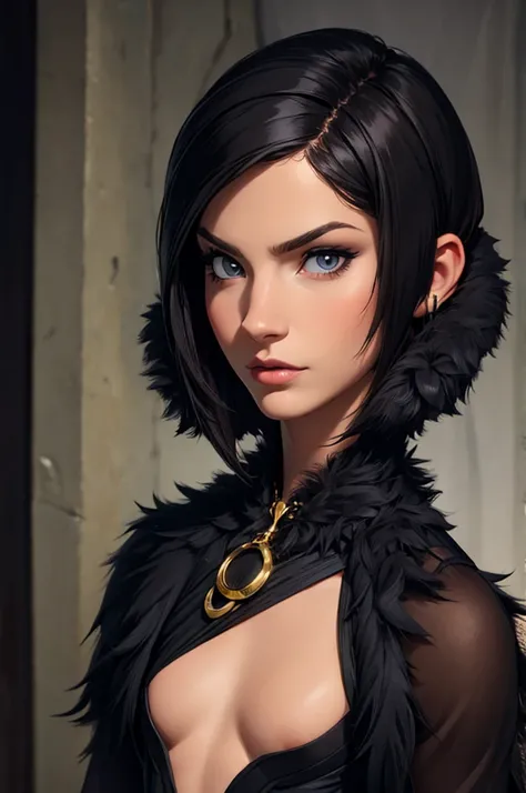 beautiful woman, with clothes, realistic photo (Best Quality), sexy and detailed face, short hair, black fur, serious face, small nose,