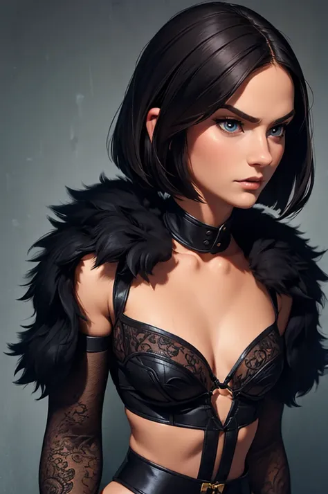 beautiful woman, with clothes, realistic photo (Best Quality), sexy and detailed face, short hair, black fur, serious face, small nose,