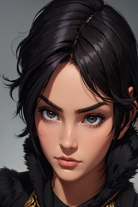 beautiful woman, with clothes, realistic photo (Best Quality), sexy and detailed face, short hair, black fur, serious face, small nose,