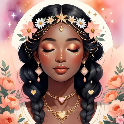 A whimsical and serene watercolor illustration of a young, dark-skinned woman with closed eyes, depicted from the chest up. Her long, intricate black hair is styled into multiple braids that extend out from her head, adorned with various decorative element...