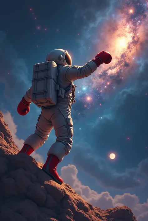 astronaut with red boxing gloves reaching the moon in the distance a galaxy in the background