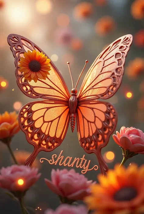 Photo and 3d, image of a baroque butterfly, with slats intertwining it, in rose gold tones, On one of its wings it carries beautiful sunflowers of different sizes, It is located in a tender space surrounded by bright and colorful lights., Below it is writt...