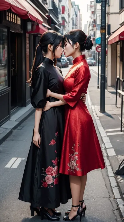 Two asian woman wearing fancy pretty cool dress, one of them has red hiar and other black hiar, kissing eachother , on street