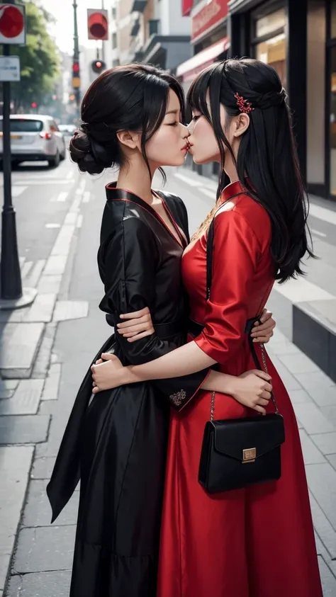 Two asian woman wearing fancy pretty cool dress, one of them has red hiar and other black hiar, kissing eachother , on street