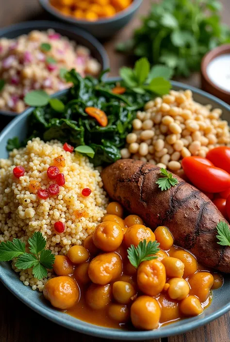 vegetarian foods: 1. Quinoa salad, 2. baked sweet potato, 3. sauteed spinach, 4. lentils curry, 5. Indian Chickpea Curry 