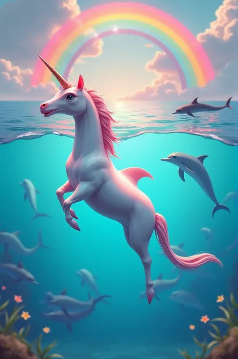 I want an image in tiktok format that looks like a mix of a unicorn and a dolphin in the sea and that there are more dolphins in the background and a rainbow can be seen in the sea. The design should look aero retro.