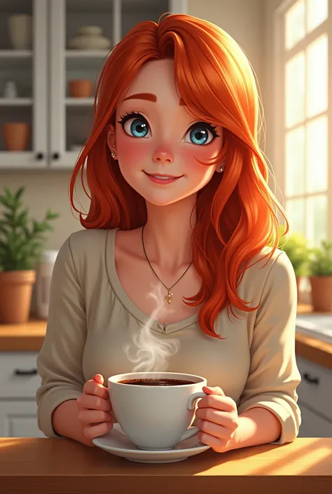 same redhead model with bare front,having coffee in the kitchen. smiling