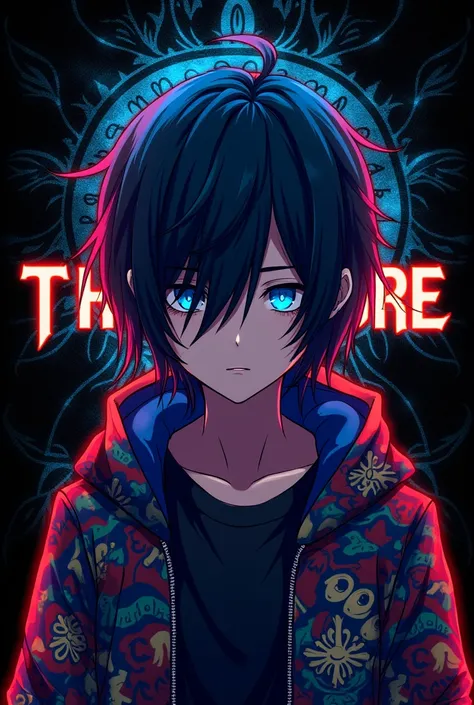 Create an image with a black background featuring a dangerous pattern. Include a adii white glowing text in background . Add an boy anime character with medium hair covering half of their face, wearing a Demon Slayer jacket in attractive colors. The charac...