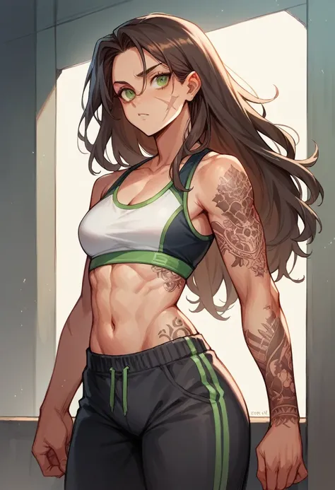 1 Frau, brown long hair, tattoos and scar, 20 age old, sslim, sporty top, green eyes