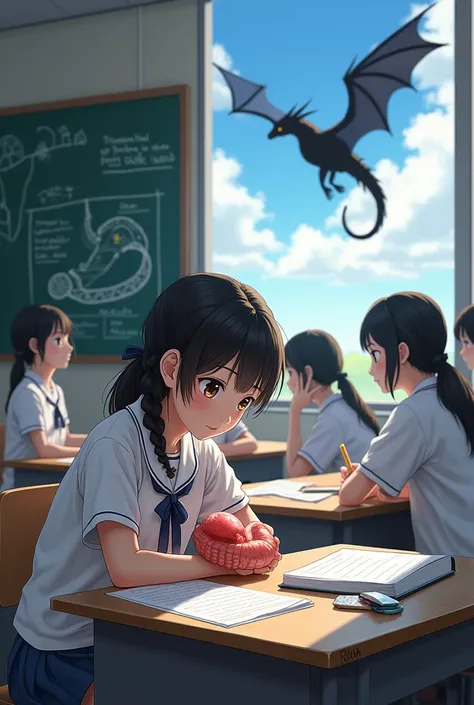 A Japanese girl is in a classroom. She is studying the digestive system. There are five other girls. There is a picture of a stomach on the board. There is a model of a stomach on the table. She looks out the window. There is a black dragon in the sky.