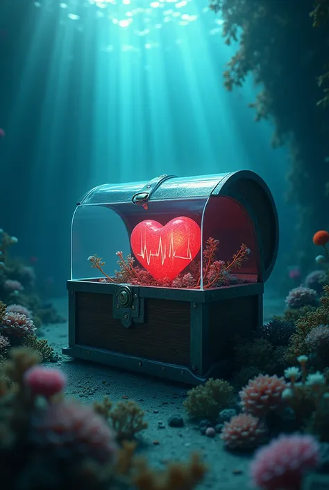 Heart inside a treasure box under the sea