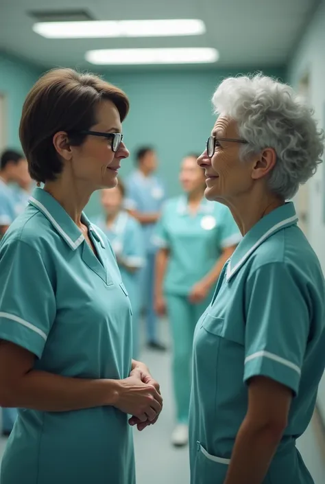 Two 60-year-old nurses, Women, one is wearing glasses and has short dark hair wearing old nursing clothes, the other with short curly light hair wearing nursing clothes, looking at younger nurses


