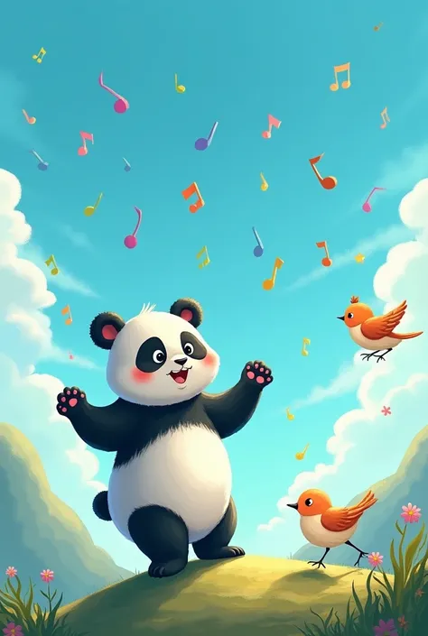 A panda was dancing on the mountain, and a sparrow was singing and flying next to it. Blue sky, multi-colored notes were spreading across the sky, a whimsical illustration, a childrens book, funny.
