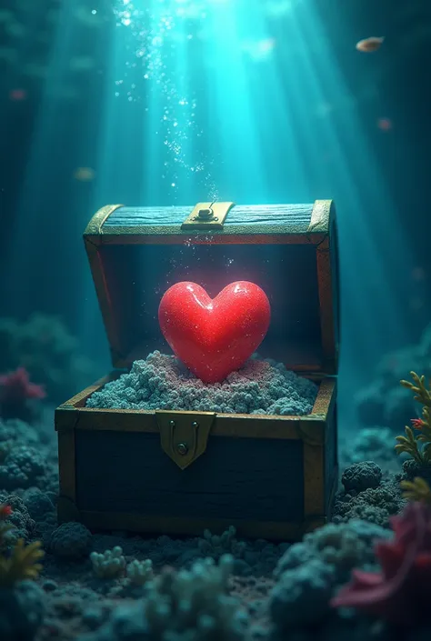 Heart inside a treasure box under the sea