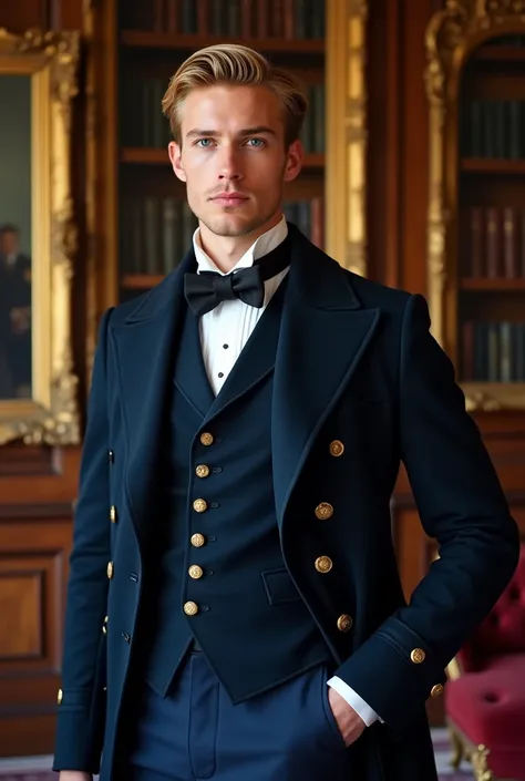 A strikingly handsome young nobleman from the late 19th century, standing confidently in an opulent, richly decorated room. He has neatly combed blond hair, piercing blue eyes, and strong, chiseled facial features, including a well-defined jawline. He is d...