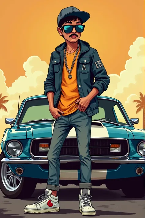 15 year Indian boy gangta look rayban on face  mustang shelby on background.  Cartoon vector
