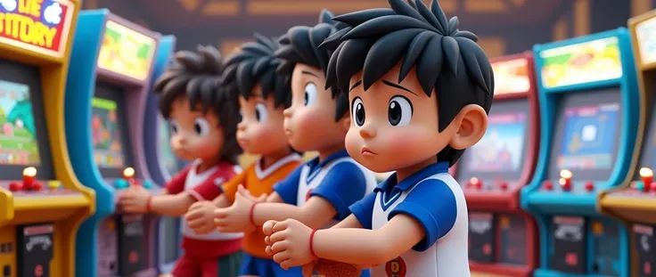 3D cartoon style of Captain Tsubasa (Super Champions) characters with bored expression in a video game arcade