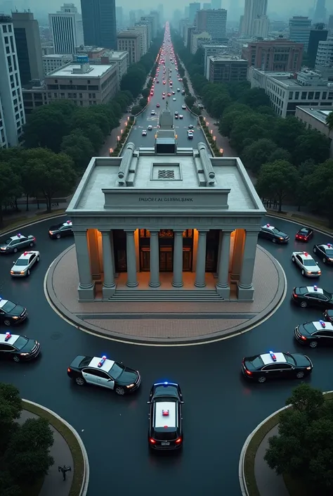 Central bank surrounded by several federal and civil police cars. I need the image to be distant as if it was taken by a drone.
