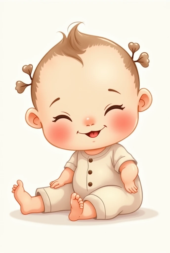 Create a vector baby drawing sitting on its side with pigtail hair wearing a blouse and pants with bare feet, arms forward smiling and eyes closed 