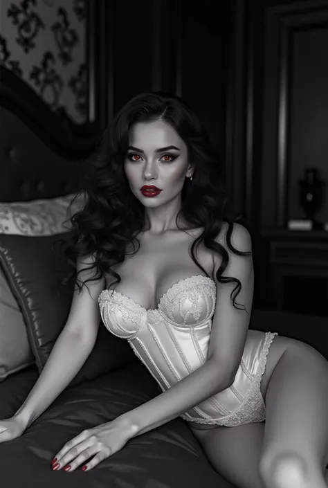 fantasy art deco, black and white art,  glamours (vampire: 1.5) model shot, RAW, award winning, of an exquisite beautiful 1solo female vampire, ultra feminine, full body, busty woman, most beautiful face ultra detailed face, long hair, wavy hair, pale skin...