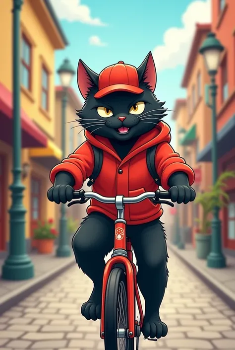 Create a cartoon-style image of a black cat riding a bicycle and dressed in a food delivery outfit 