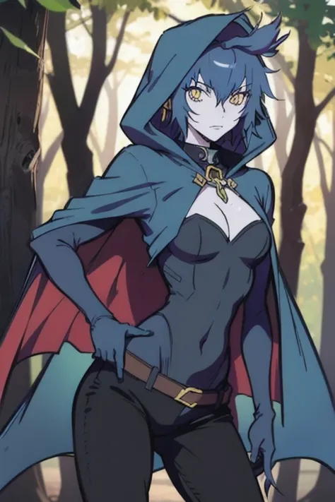 Wolfie, hells, 1girl, leather pants, leather bodysuit, earring, blue hair, furry character, gloves, yellow eyes, Masterpiece, Best Quality, forest, cape, cloak, hood up, hooded cloak