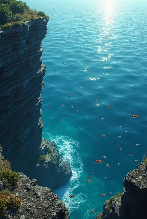 Cliff with sea and many fish in the sea
