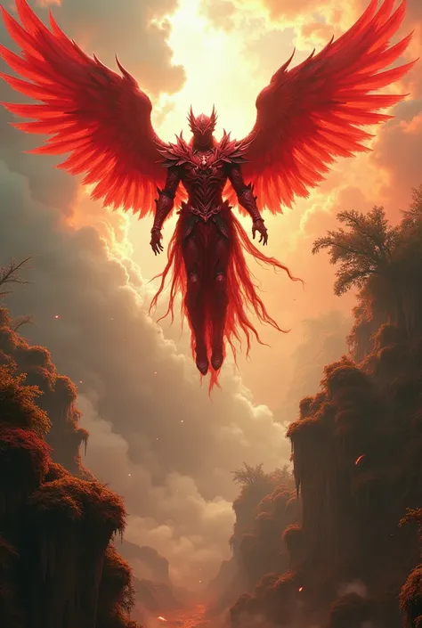 absurd resolution, High resolution, (masterpiece: 1.4), hyper-detail, and moss, red armor with red wings, floating flight in the sky (1.8) the background is wild, fire