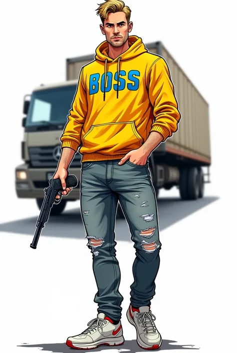 Create a comic book style drawing, bright coloured, high qualiy, a 37 year old white male, 80 kilos, Italian descent, youthful appearance but very serious, a leader, stark, medium size, blond short hair, yellow sweatshirt with blue details that says BOSS, ...