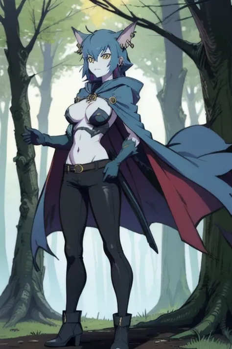 Wolfie, hells, 1girl, leather pants, leather bodysuit, earring, blue hair, furry character, gloves, yellow eyes, Masterpiece, Best Quality, forest, cape, cloak, hood up, hooded cloak, standing